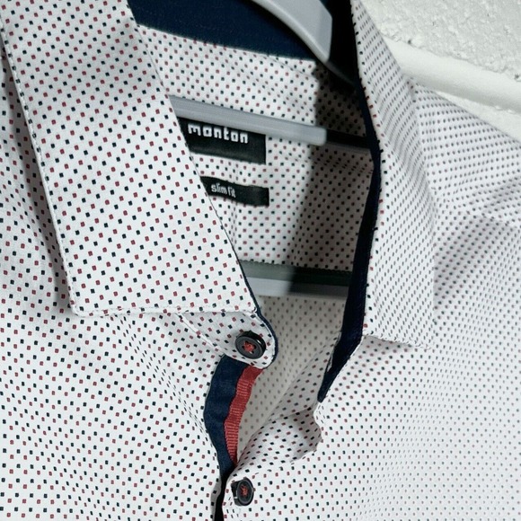 Monton Button Down Shirt Mens Size 17 Slim Long Sleeve White Blue Red - Picture 1 of 8